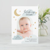 Moon Stars Clouds Arch Photo Baby Blue Birth Aankondiging (Staand voorkant)