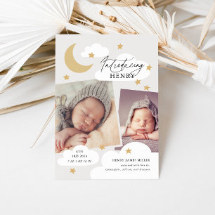 Moon Stars Clouds Collage Foto Neutral Gray Birth Aankondiging