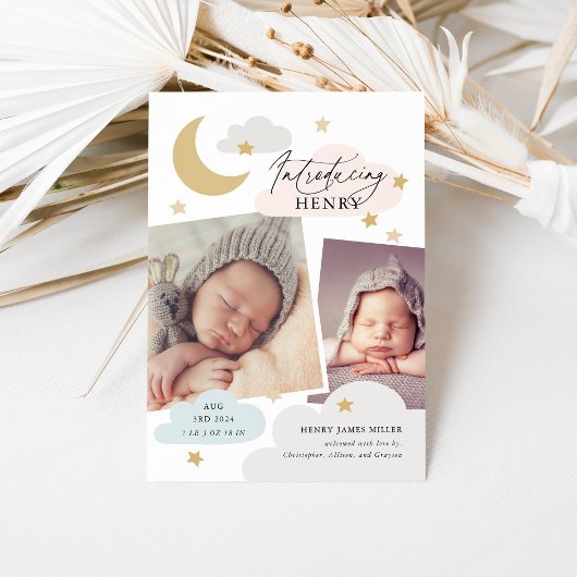 Moon Stars Clouds Collage Foto Pink Blue Birth Aankondiging