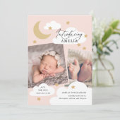 Moon Stars Clouds Collage Foto Roze Birth Aankondiging (Staand voorkant)