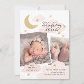 Moon Stars Clouds Collage Foto Roze Birth Aankondiging (Voorkant)