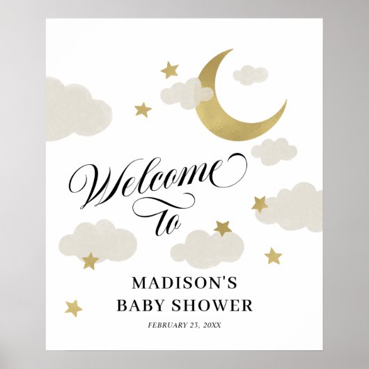 Moon Stars Clouds Fancy Script Shower Welkomstteke Poster (Voorkant)
