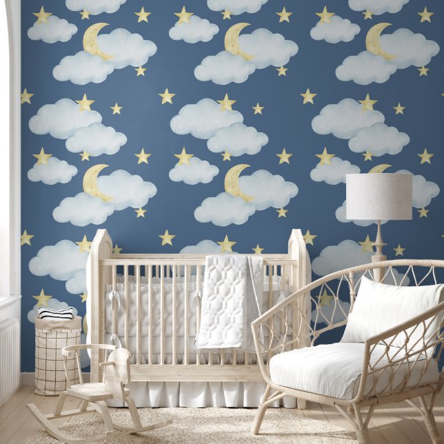 Moon Stars Clouds Sky Neutral Baby Nursery Behang (Kinderen)