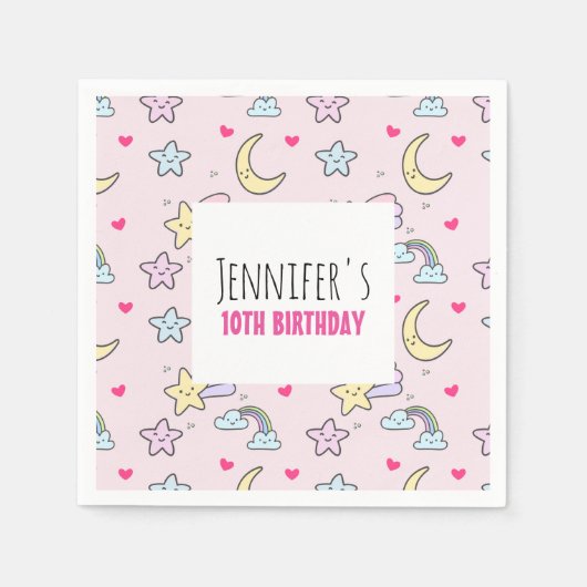 Moon, Stars en Clouds Patroon op Roze verjaardag Servet (Voorkant)