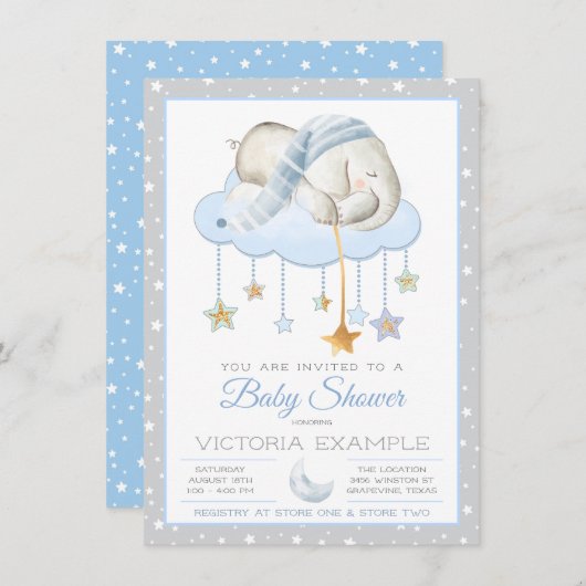 Moon Stars Garçon Elephant Baby Shower Invitations (Devant / Derrière)
