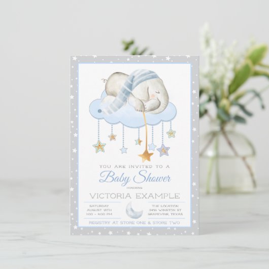 Moon Stars Garçon Elephant Baby Shower Invitations (Debout devant)