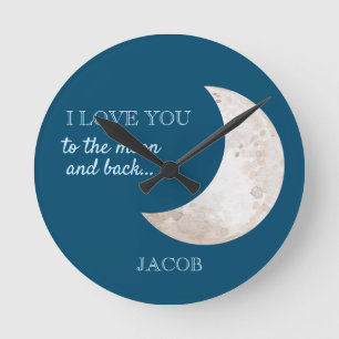 Moon Stars Navy Blue White Nursery Name Ronde Klok