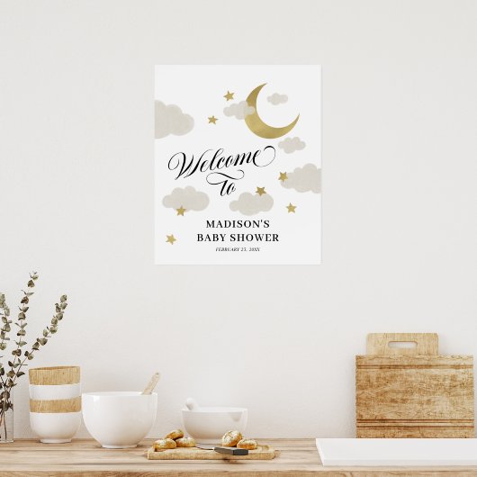 Moon Stars Nuages Fancy Script Douche Affiche de b (Cuisine)