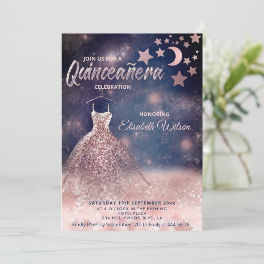 Moon & stars Roos gouden glitterjurk hemels Kaart (Staand voorkant)