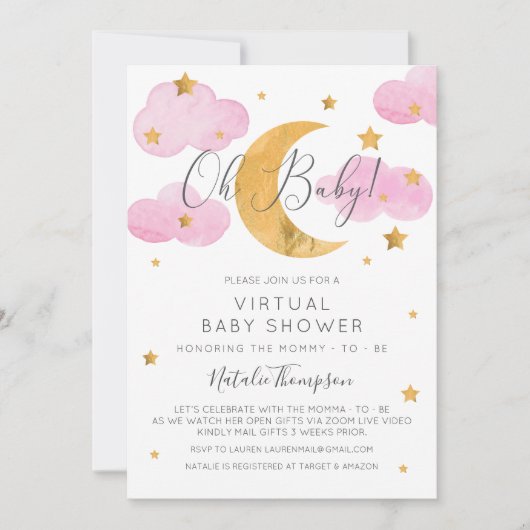 Moon & Stars Roze Virtual Baby shower Inv Kaart (Voorkant)