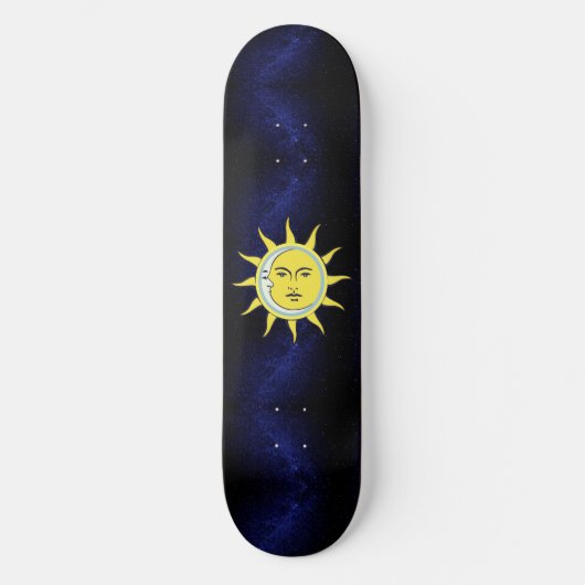 Moon & Sun Conjunction on Navy Blue Galaxy Skateboard (Voorkant)
