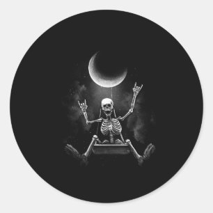 Moon Swinging Skeleton Rock and Roll Halloween Roc Ronde Sticker
