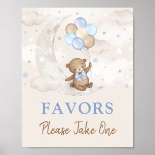Moon Teddy Bear Blue Brown Balloons Favors Sign Poster