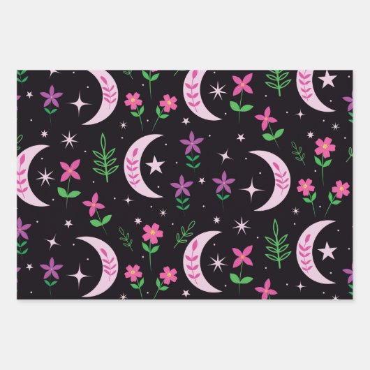 Moon van Boho met roze bloemen en bladeren Inpakpapier Vel (Voorkant)
