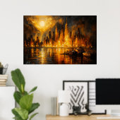 Moonfire Skyline - Fiery Cityscape Under Full Moon Poster (Thuiskantoor)