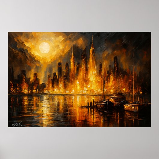 Moonfire Skyline - Fiery Cityscape Under Full Moon Poster (Voorkant)