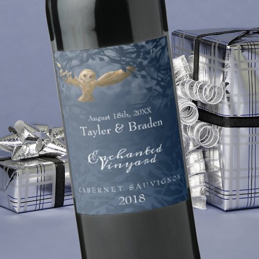 Moonlight Blue, Owl, Forest Food Wine Label Wijn Etiket