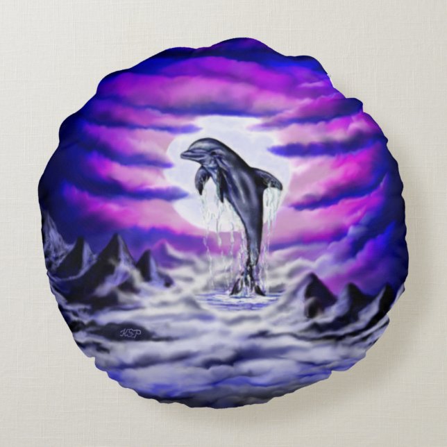 Moonlight Dolphin Rond Kussen (Achterkant)