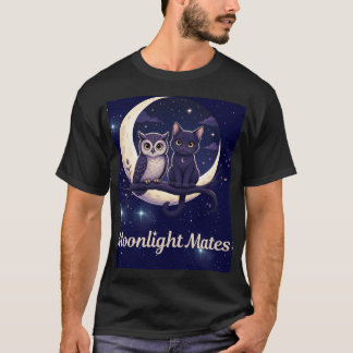 Moonlight Mates Schattige Zwarte Kat en Uil Wasse  T-shirt