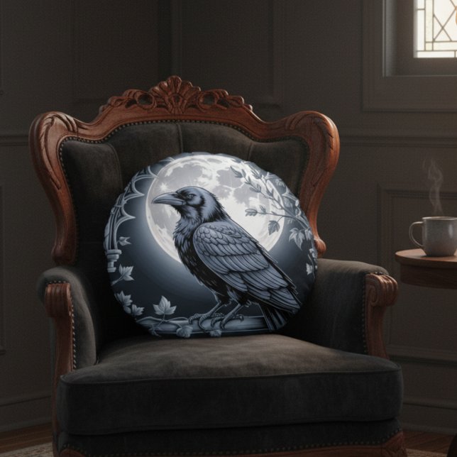Moonlight Raven Goth Throw Pillow Rond Kussen (Black raven throw pillow)