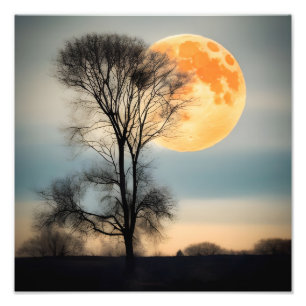 Moonlight Serenity: Volle Maan over kale boom Foto Afdruk