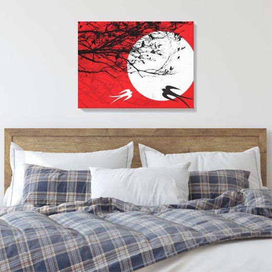 Moonlight Swallows Silhouette Red Wrapped Canvas (Insitu (Slaapkamer))