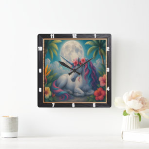 Moonlight Unicorn tropische bloemen Vierkante Klok