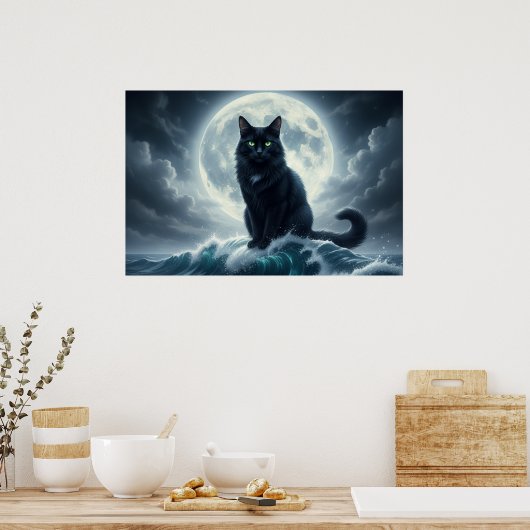 Moonlight Wave & Black Cat Poster (Cuisine)