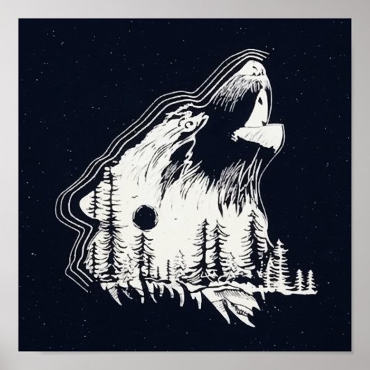 Moonlight Winter Wolf Pine Tree Forest Poster (Voorkant)