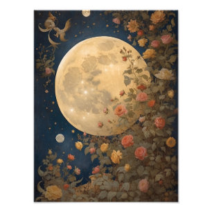 Moonlight's Embrace: Rozen onder een volle maan Foto Afdruk