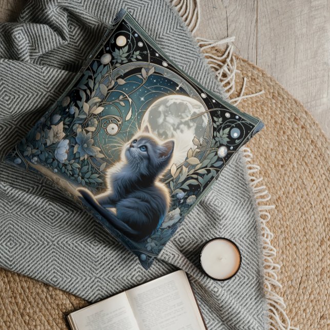 Moonlit Art Nouveau Kitten Onder Hemelhemel Kussen (This cute kitten pillow is going to take you to the moon)