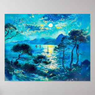 Moonlit Bay met boten Impressionistische Nocturne Poster