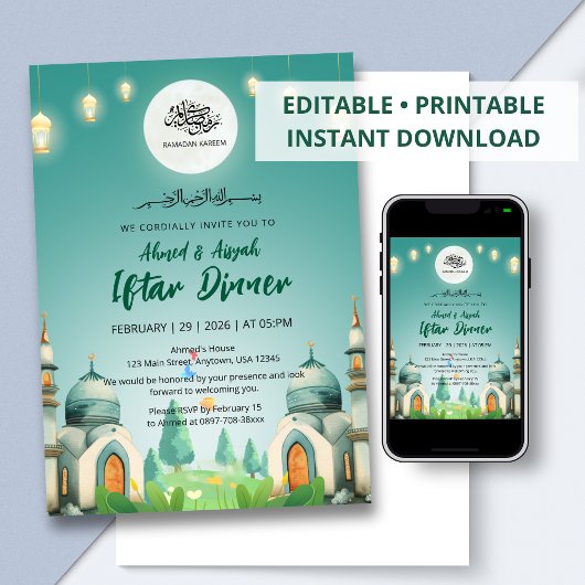 Moonlit Blue Mosque Ramadan Iftar Invitation Kaart