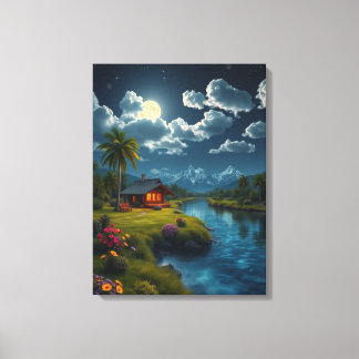 Moonlit Cabin by the River - Natuur muurkunst. Canvas Afdruk
