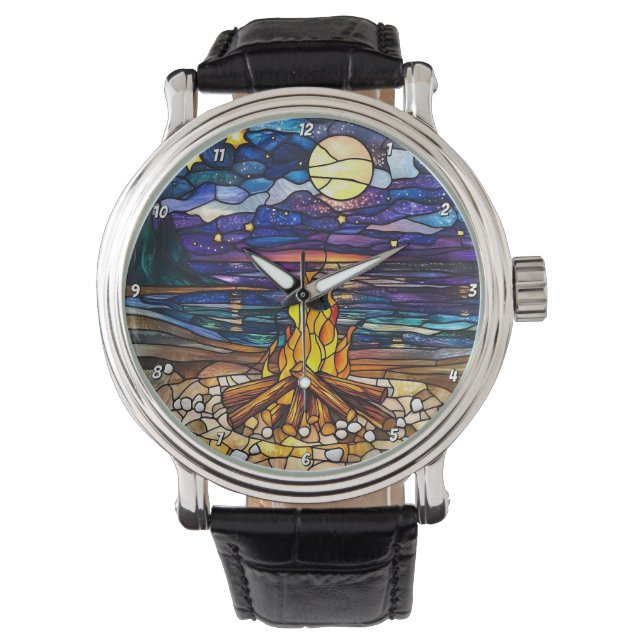 Moonlit Campfire Serenity Stained Glass Wall Horloge (Voorkant)