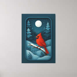 Moonlit Cardinal in Winter Forest Canvas Afdruk