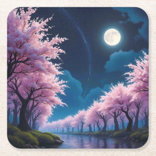 Moonlit Cherry Blossom Anime Landschap Vierkante Kartonnen Onderzetter