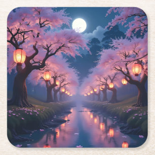 Moonlit Cherry Blossom Lantaarns - Anime Landscape Vierkante Kartonnen Onderzetter