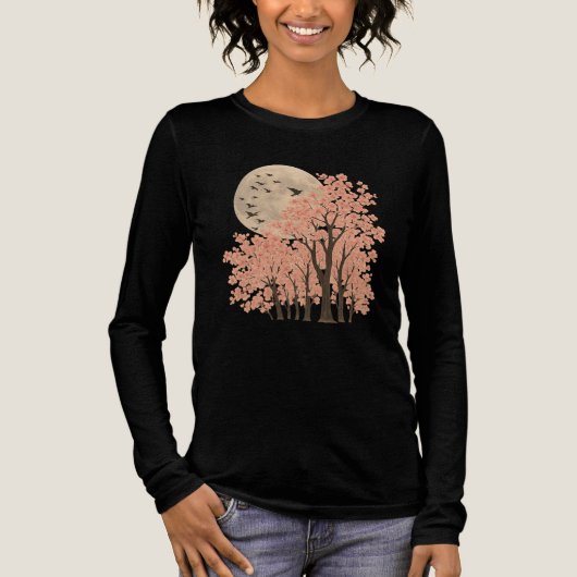 Moonlit Cherry Blossom Trees Art Long Sleeve shirt (Voorkant)