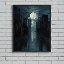 Moonlit City Night – Donkerblauw canvas muurkunst