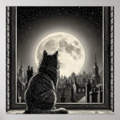 Moonlit Cityscape Cat Poster Black & White Noir  (Voorkant)
