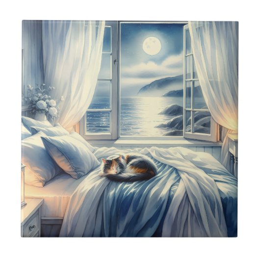 Moonlit Coastal Bedroom with Sleeping Cat Tegeltje (Voorkant)