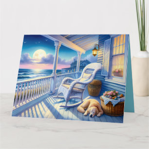 Moonlit Coastal Porch met Dog & Ocean Uitzicht Bedankkaart