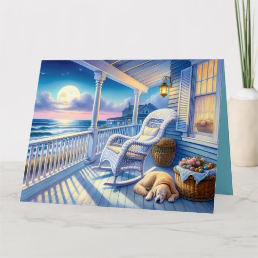 Moonlit Coastal Porch met Dog & Ocean Uitzicht Bedankkaart (Voorkant)