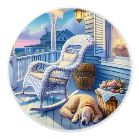 Moonlit Coastal Porch met Dog & Ocean Uitzicht Keramische Knop (Voorkant)
