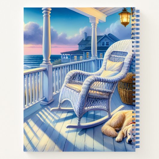 Moonlit Coastal Porch met Dog & Ocean Uitzicht Notitieboek (Achterkant)