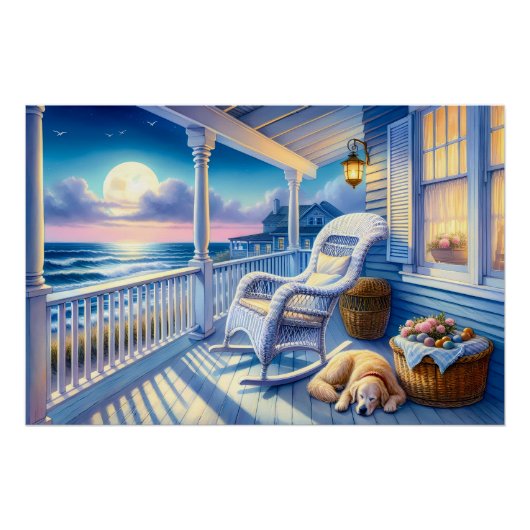 Moonlit Coastal Porch met Dog & Ocean Uitzicht Perfect Poster (Voorkant)