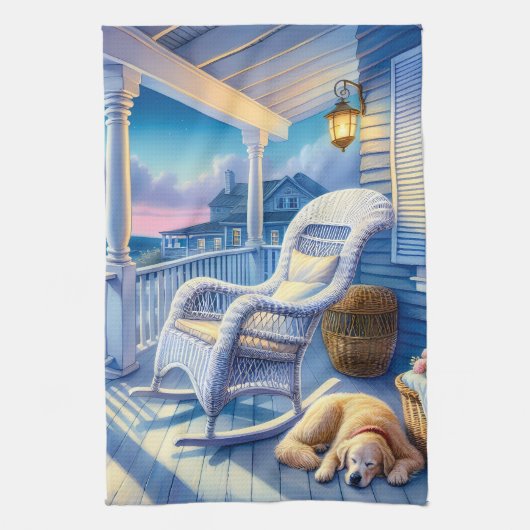 Moonlit Coastal Porch met Dog & Ocean Uitzicht Theedoek (Verticaal)
