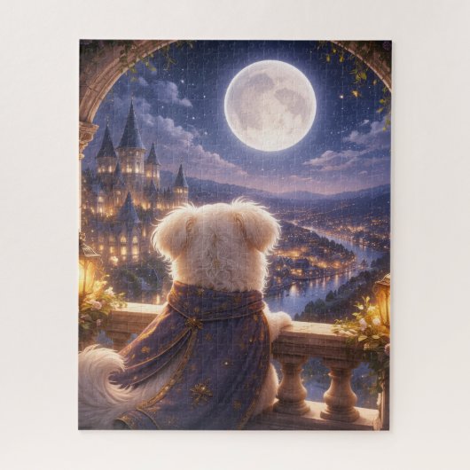 Moonlit Dream – Dog Watching a Magical City Puzzle (Vertical)