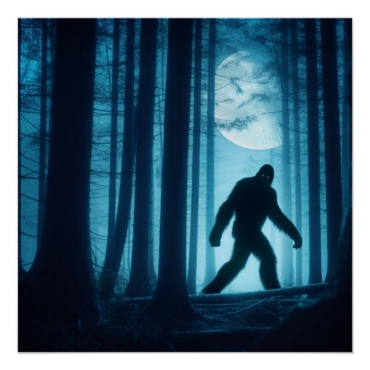 Moonlit Encounter: Bigfoot in het bos Perfect Poster (Voorkant)